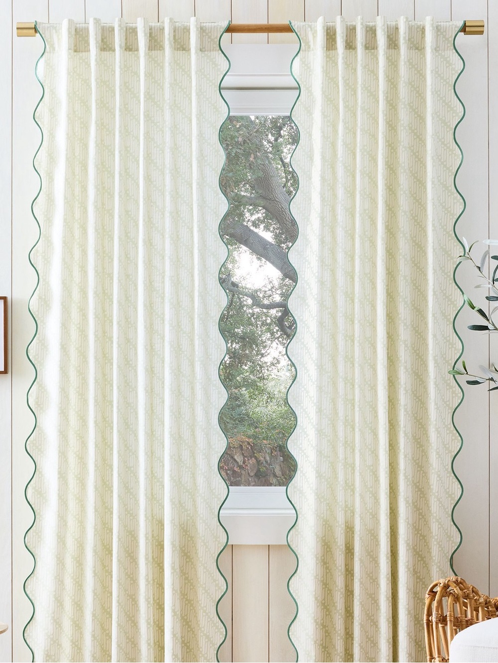 West Elm x Rhode Batik Scallop Edge Curtain 48x84" Fog Green 2 Panels NEW